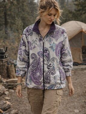 Vintage Style Paisley Fleece sweater Purple Print Zip Up | Cozy Outdoor Layer